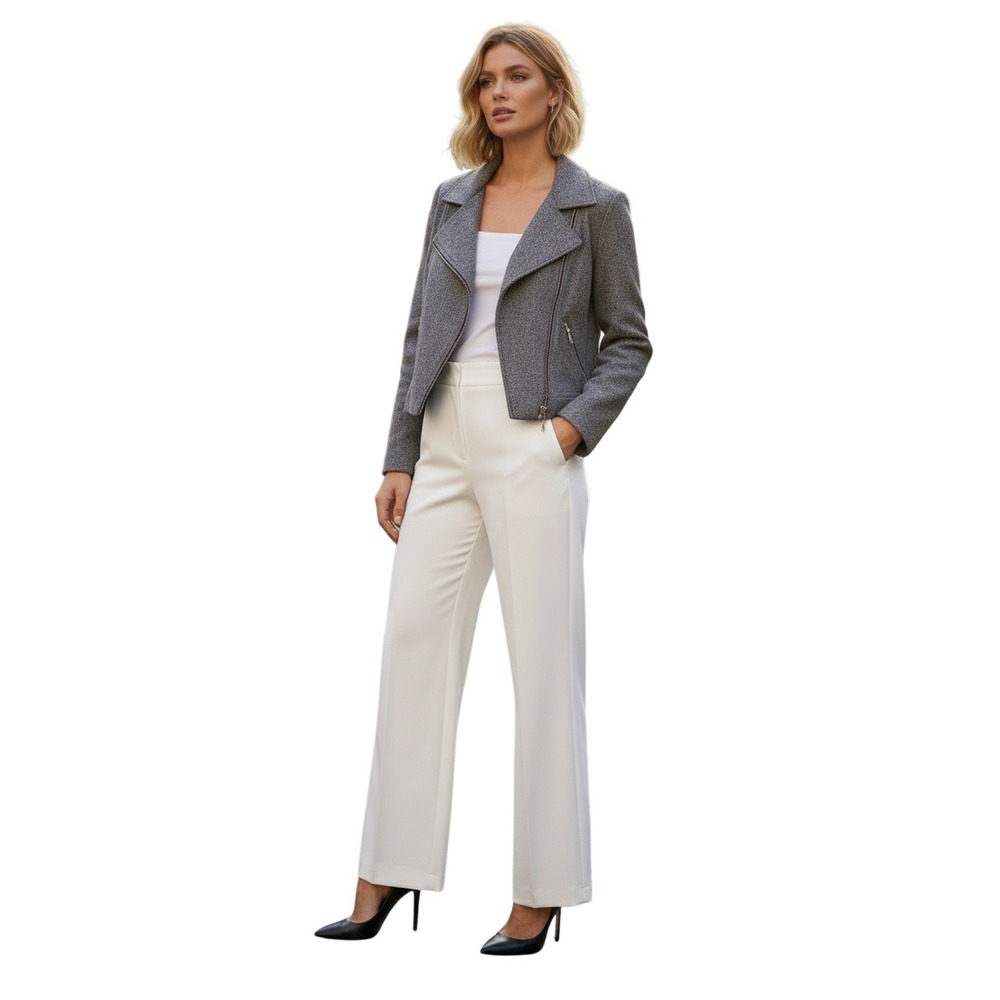 Louben Grey Wool Silk Blend Tweed Moto Jacket Asymmetrical Zip Canada 2 $295